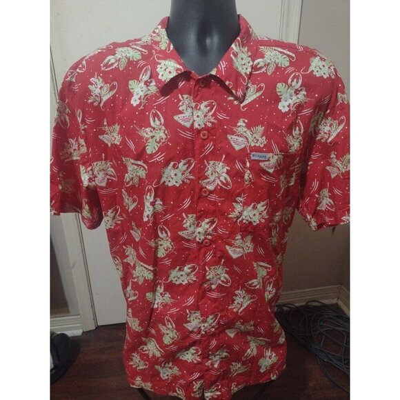 COLUMBIA PFG Red Christmas Light Print Short Sleeve Button Down Shirt Large L - Picture 1 of 12